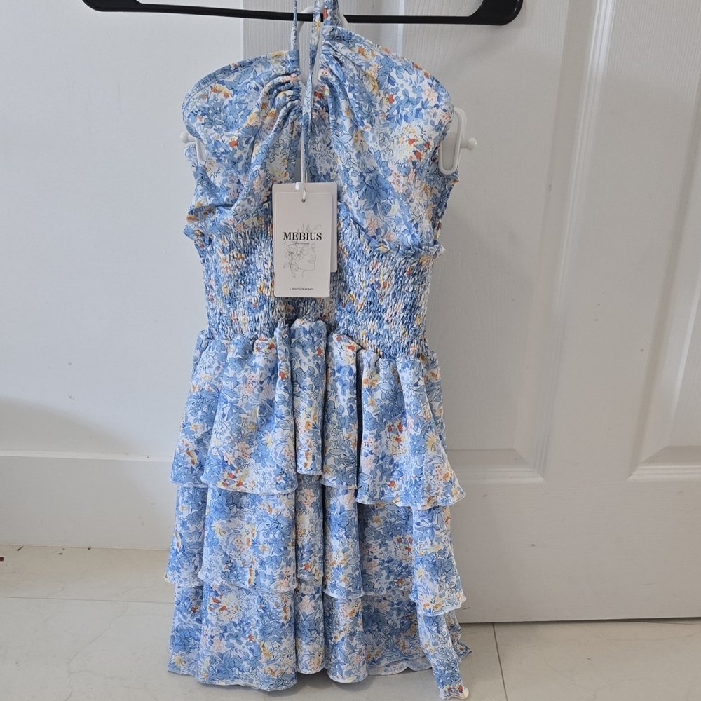 Blue Floral Ruffle Teenager Dress